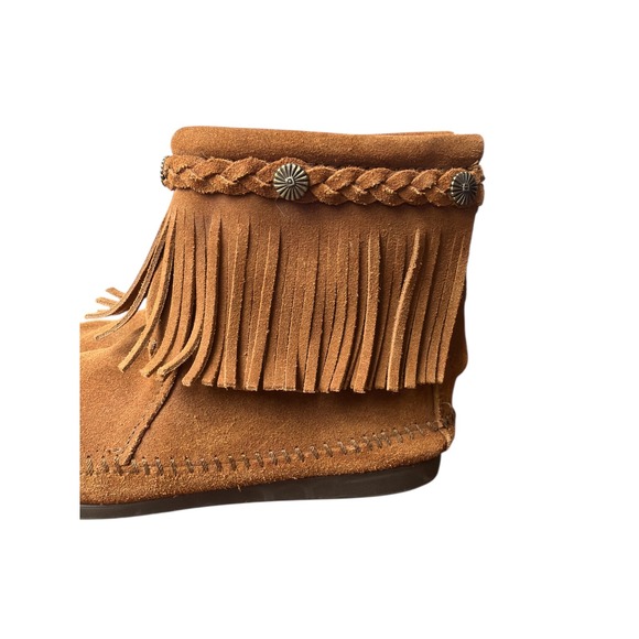 Minnetonka Brown Suede Fringe Moccasin Ankle Boots Zip Closure Women Size 7 - Picture 8 of 9